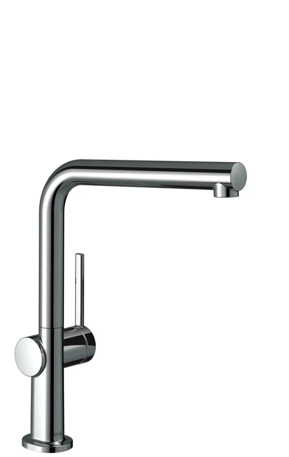 Einhebel-Küchenmischer von Hansgrohe in Chrom, mit einem hohen, geraden Auslauf und einem seitlichen Hebel für die Wassermengen- und Temperatureinstellung.